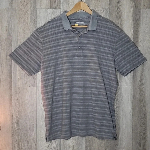 🛍Eddie Bauer Travex Polo Grey Stripe Collared Short Sleeve 3 Button Mens TXL - Picture 1 of 8